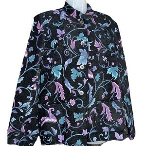 Appleseed's Tapestry Jacket Size 16 Black Blue Floral Scrolls Pockets Artsy
